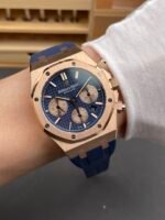 Audemars Piguet Royal Oak Chronograph Rose Gold Blue Dial Leather Strap Swiss Replica Watch - Image 10
