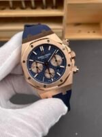 Audemars Piguet Royal Oak Chronograph Rose Gold Blue Dial Leather Strap Swiss Replica Watch - Image 3