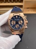 Audemars Piguet Royal Oak Chronograph Rose Gold Blue Dial Leather Strap Swiss Replica Watch - Image 4