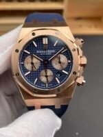 Audemars Piguet Royal Oak Chronograph Rose Gold Blue Dial Leather Strap Swiss Replica Watch - Image 2