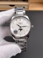 Longines Master Collection Swiss-style replica watch with automatic movement, moon phase, and white dial (steel bracelet)
