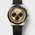 Longines Conquest Chronograph: Yellow dial, stainless steel case, automatic movement.