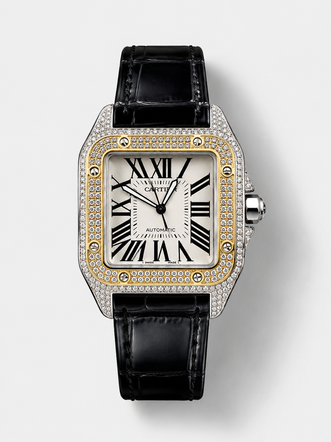 GW-F875D0CD product image Cartier Santos 100 1:1 Mirror Replica Steel Diamonds Watch Mens Size 42MM - Image 1